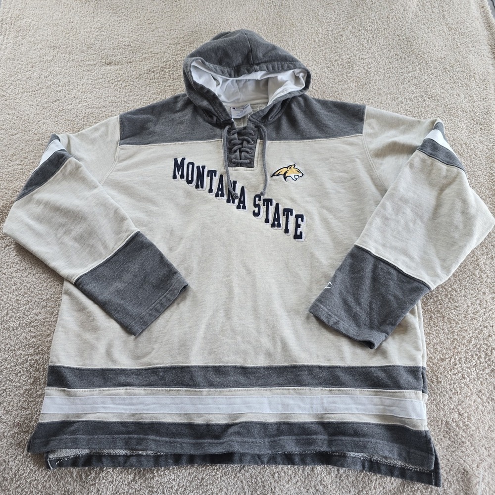 Vintage Champion Montana State Bobcats Hoodie Sweatshirt Gray Front Lacing 3XL